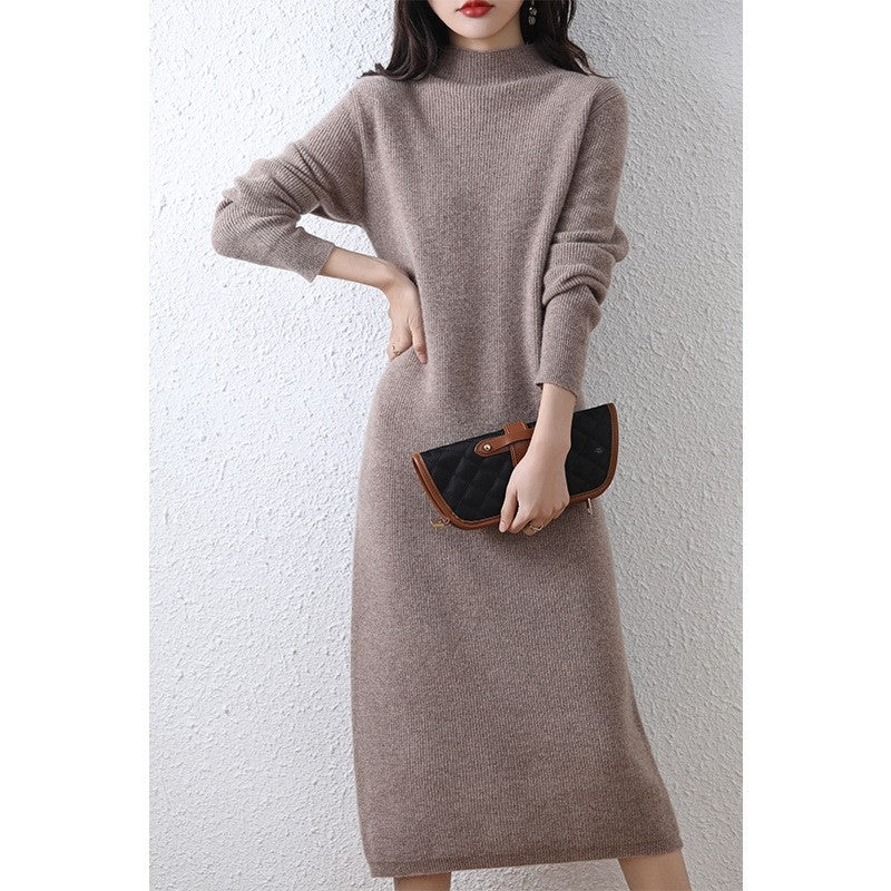 Elegant Ribbed Knit Semi High Neck Solid Long Dress