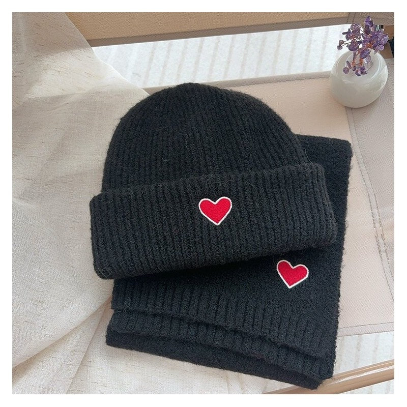 Kids Knit Hat Scarf Set With Heart Embroidery