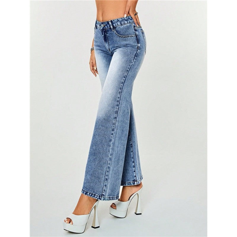 Commuting High Waist Casual Straight Wide Leg Loose Casual Denim Trousers
