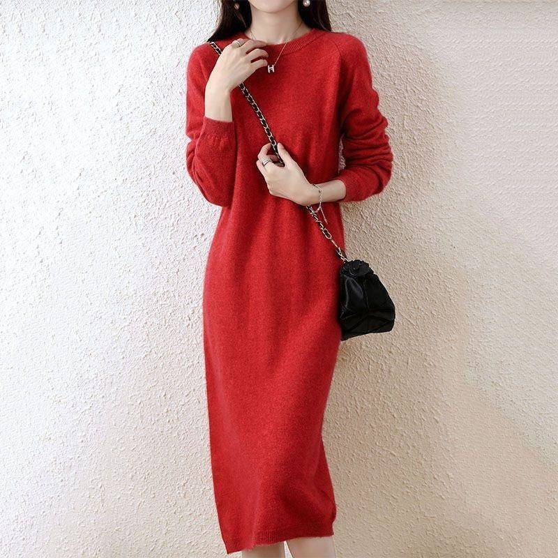 Elegant Ribbed Knit Semi High Neck Solid Long Dress