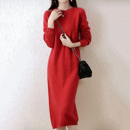Elegant Ribbed Knit Semi High Neck Solid Long Dress