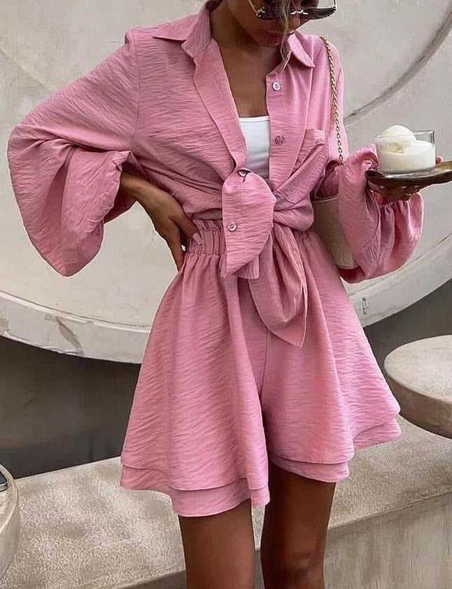 Lantern Sleeve Shirt Flounce Short Set