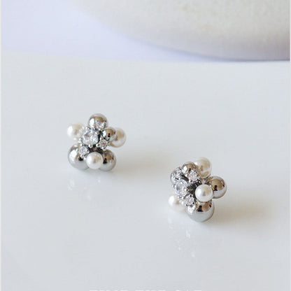 Flower Cubic Zirconia Pearl Stud Earrings