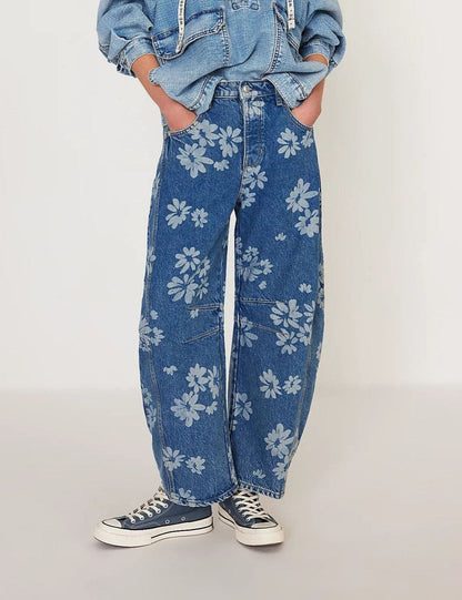 Flower Print Loose Midi Waist Jeans