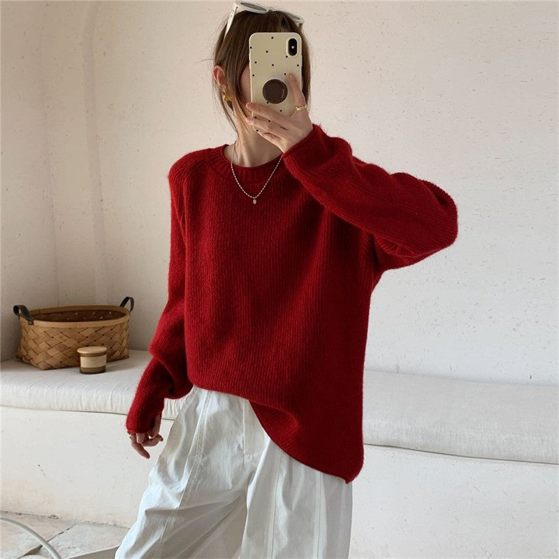 Rolled Edge Round Neck Pullover Sweater Women's Soft Loose Fit Knit Top