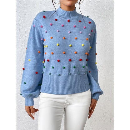 Long Sleeve Crewneck Colorful Balls Embellished Casual Knitted Sweater