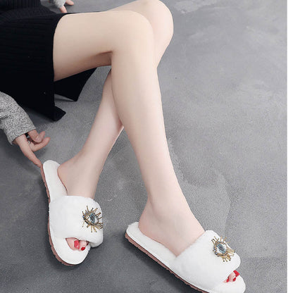 Soft Beaded Tassel Evil Eye Fuzzy Slippers