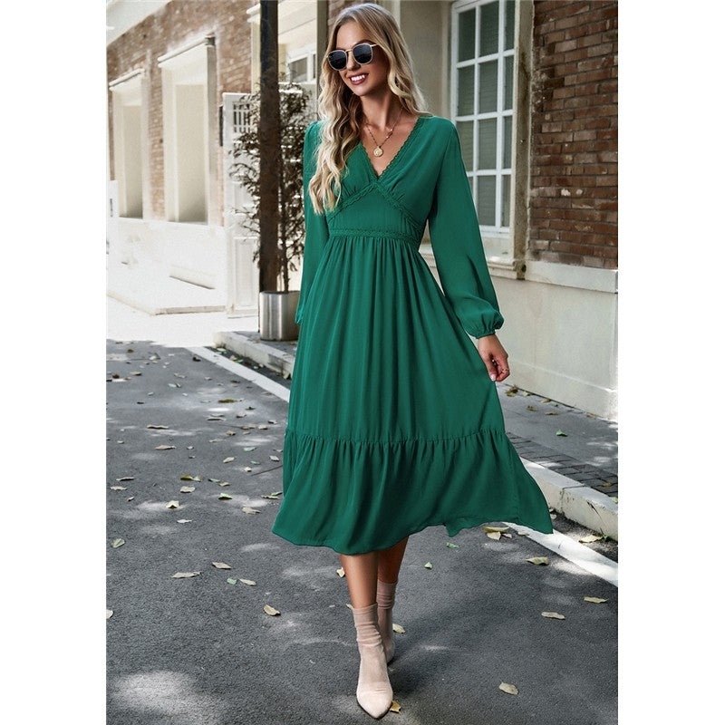 High Waist Solid Color V-Neck Dress