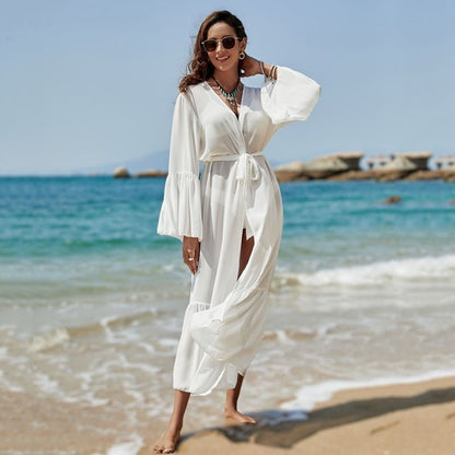 Long-Sleeve Deep-V White Cover-Up