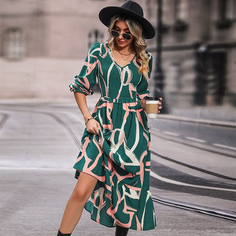 Ruffled V-Neck Printed Long-Sleeved Dress