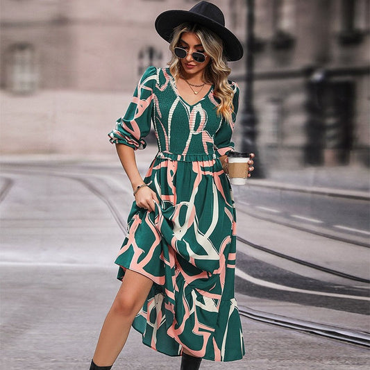 Ruffled V-Neck Printed Long-Sleeved Dress