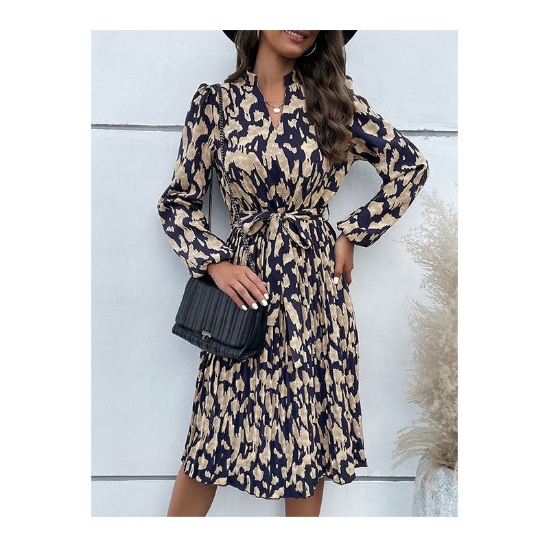 Pleated Printed Belted V-Neck Long-Sleeved Dress