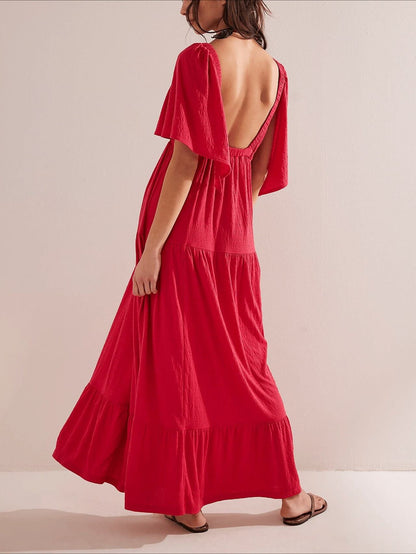V-Neck Backless Short Sleeves Maxi Dress