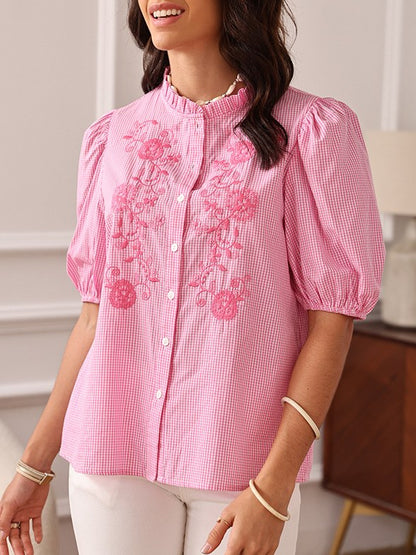 Plaid Floral Embroidered Ruffled  Shirt