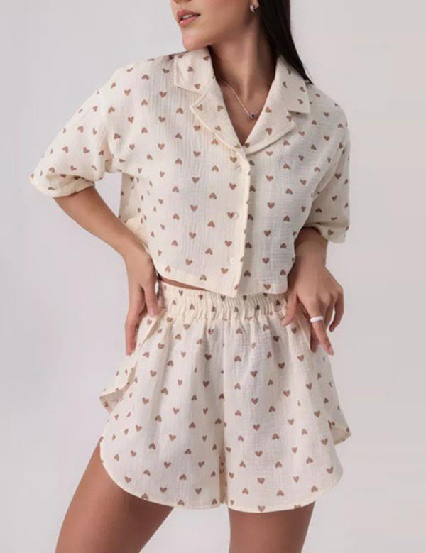 Print Button Down Top Shorts Loungewear Set