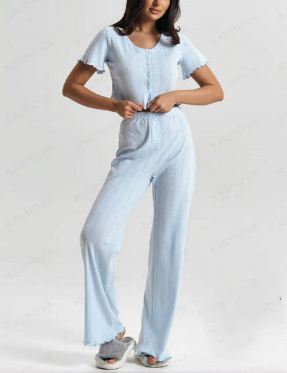 Floral Print Ruffle Top Pants Loungewear Set