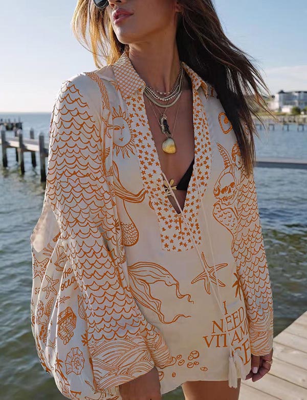 Casual Print Deep V-Neck Top Short Set