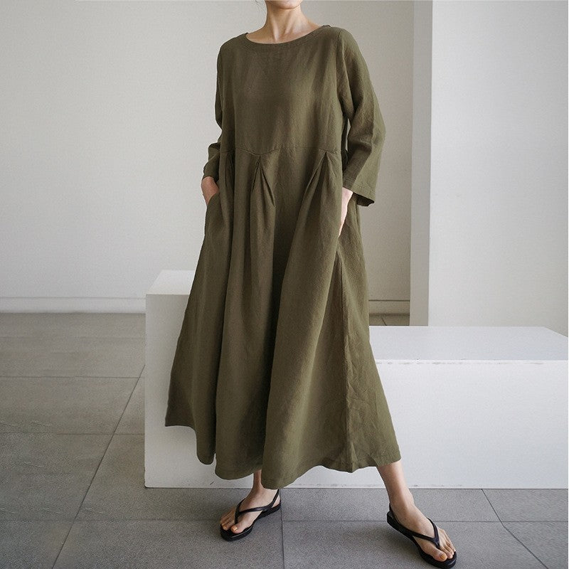 Solid Color Long Sleeve Crewneck A-Line Large Hemline Casual Loose Maxi Dress