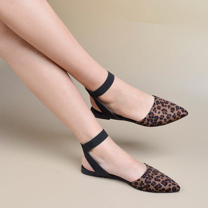 Women Chic Vintage Pointed Toe Leopard Flat Ankle Strap Sandals