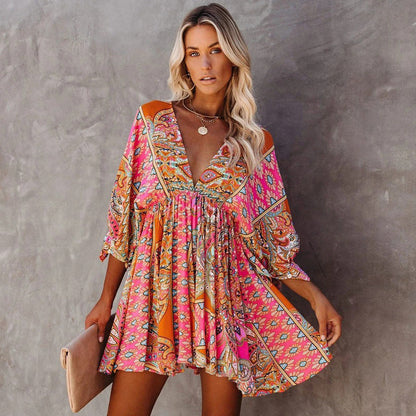 Vestido mini elegante con escote en V y estampado floral estilo bohemio vintage para mujer