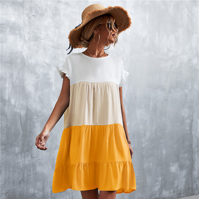 Women Bohemian Summer Short Sleeves Color Blocking Ruffled Dress