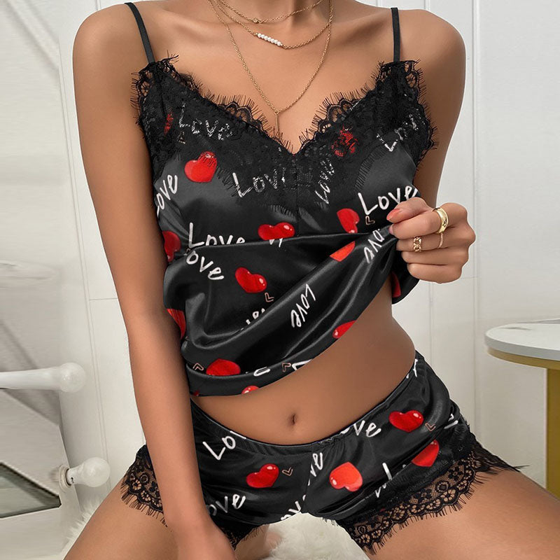 Women Cozy Heart Love Printed Lace Satin Pajamas Two-Piece Set