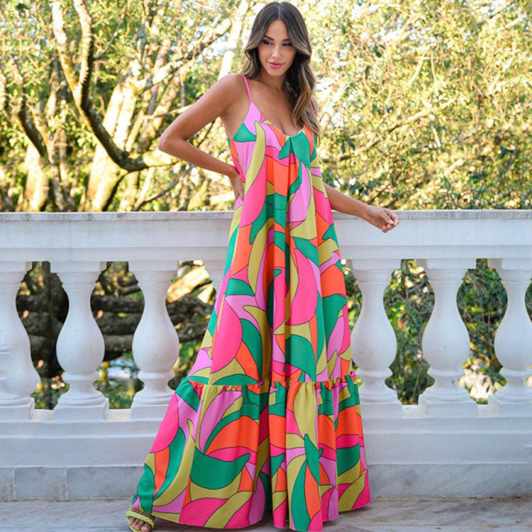 Fashion Summer Women's Deep V Backless Boho Style Maxi Dress