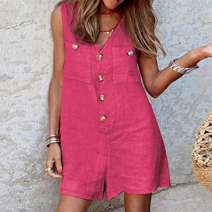 Combinaison débardeur boutonnée en coton et lin pour femme, col en V