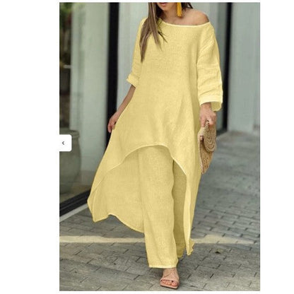 Women Fashion Casual Solid Color Cotton Linen Set