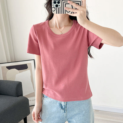Fashion Basic Women Solid Color Rib-Knit Short Sleeve Blank T-Shirt