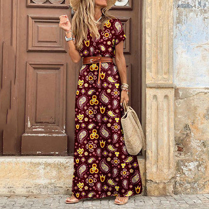 Vestido largo bohemio vintage de verano para mujer, sexy, con escote en V y mangas cortas, con cinturón