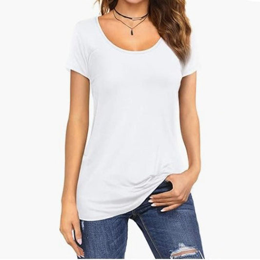Camiseta de verano para mujer, sencilla, de color liso, con cuello redondo y manga corta.