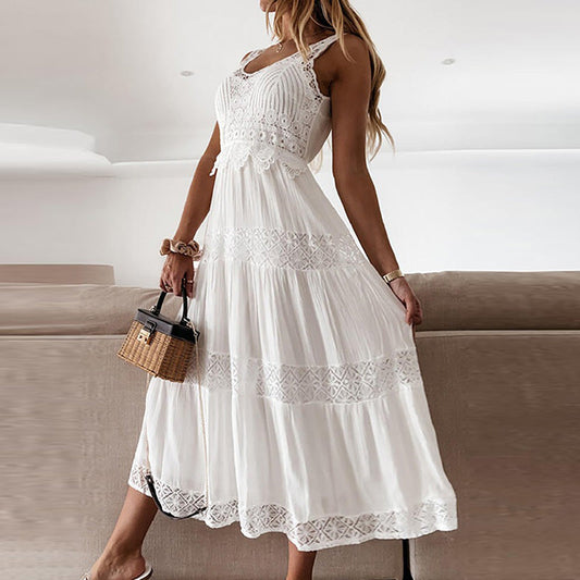 Women Fashion Boho Solid Color Lace Sleeveless Dress