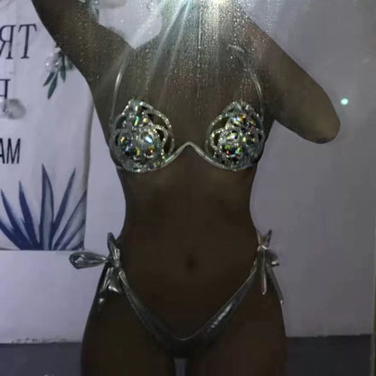 Bikini sexy con cuello halter y diamantes de imitación para mujer