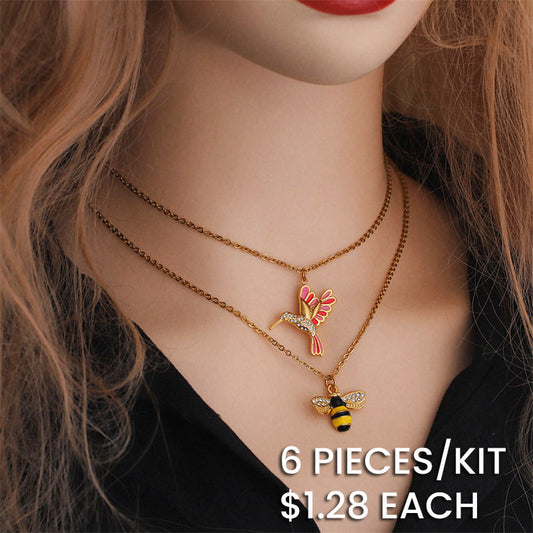 Collar con colgante de abeja y pájaro esmaltado para mujer