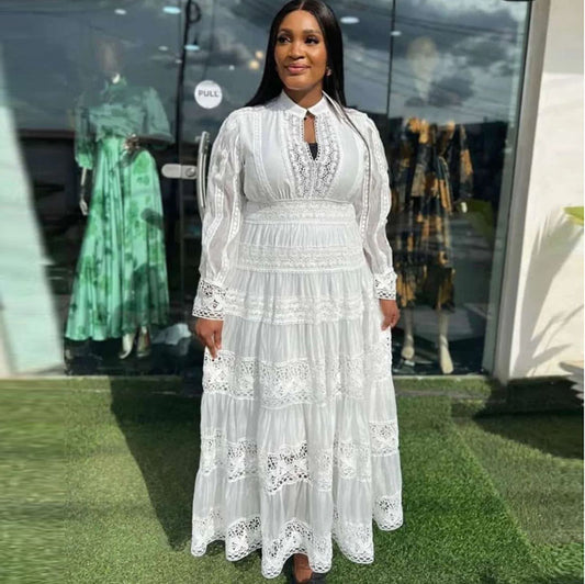 Stand Collar Stitching Lace Hollow Button Maxi Dress
