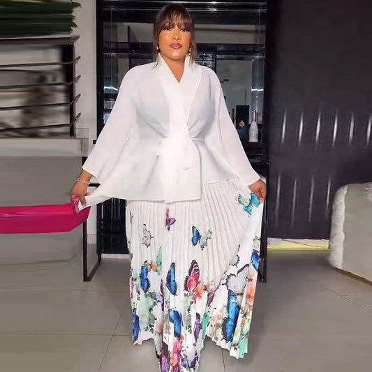African Women Butterfly Print Irregular Plus Size Skirt Set