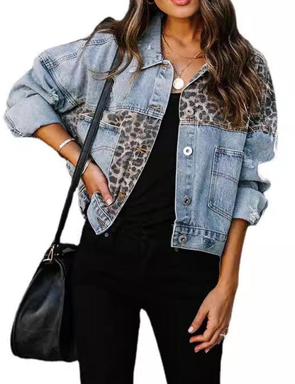 Trendy Leopard Print Splice Ripped Denim Jacket