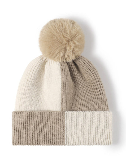 Contrast Color Padded Daily Knit Pom Beanie