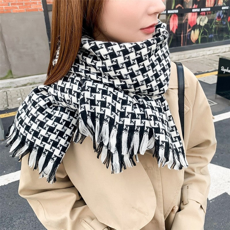 Thick Houndstooth Winter Tassel Shawl Scarf