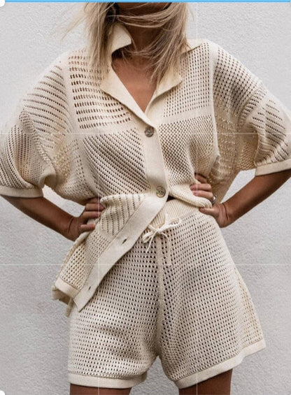 Knitted Button Top and Short Knit Set