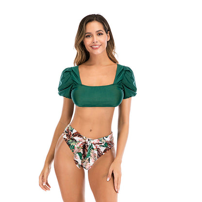 2PCS Solid Color Puff Sleeves Sexy Swimwear