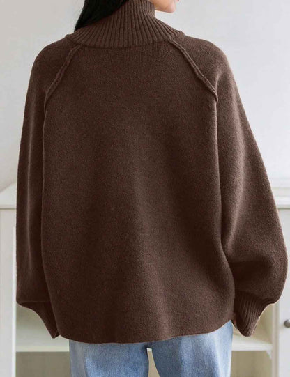 Solid Color High Neck Zip-Up Knit Cardigan