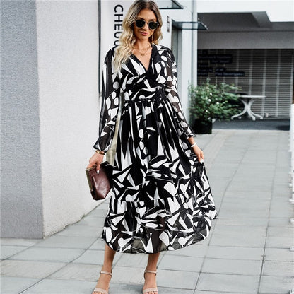 Casual Irregular Color Block Printed V-Neck Long-Sleeved Dress