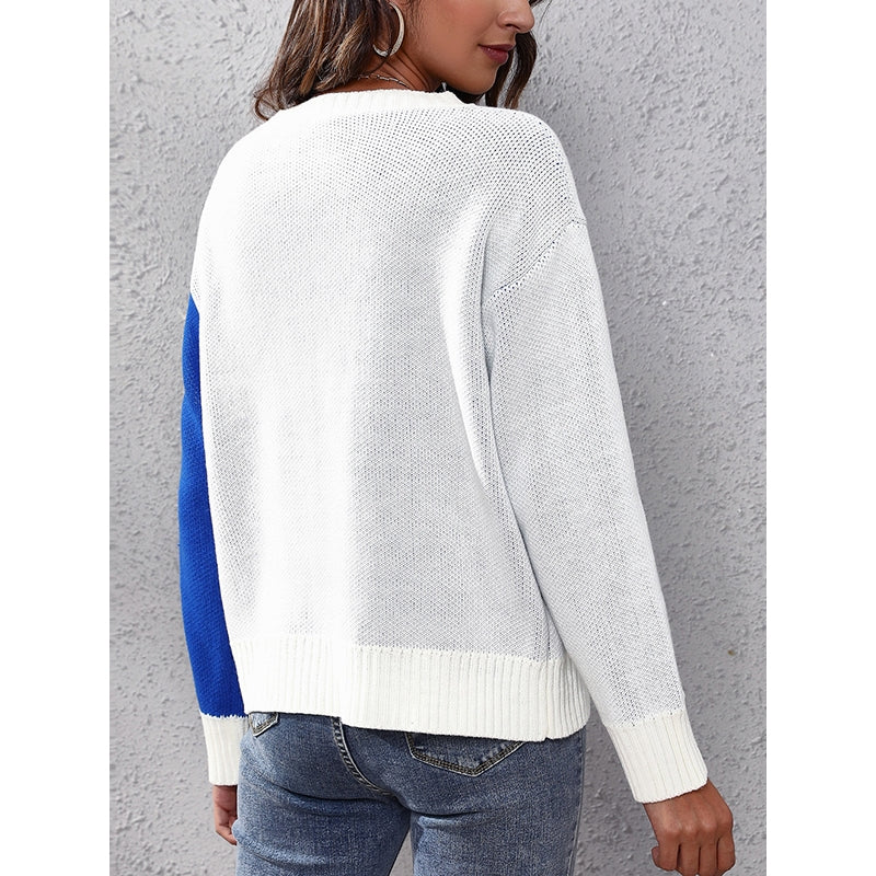 Long Sleeves Loose Contrast Color Split-Joint Round-Neck Sweater