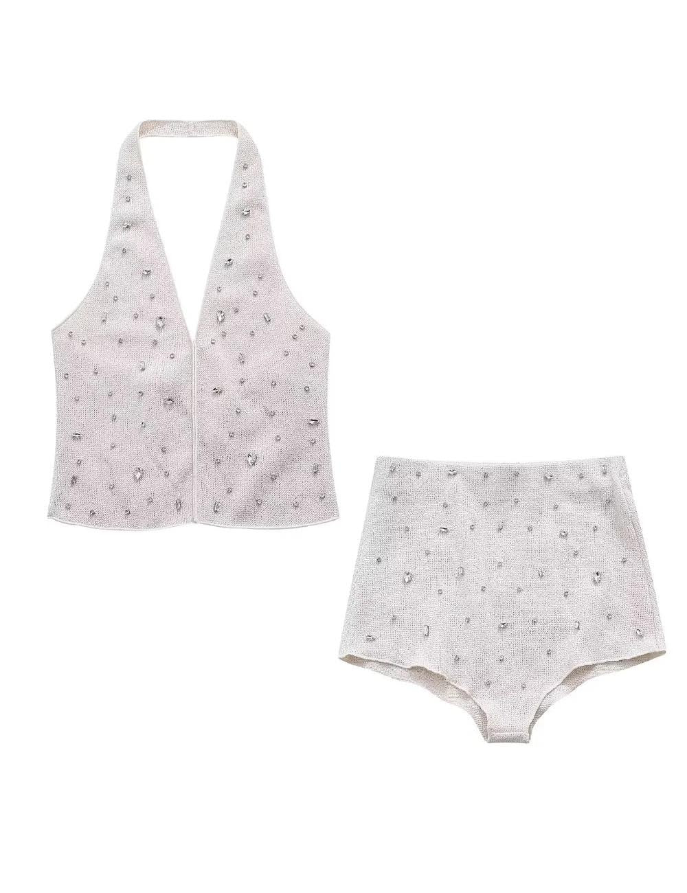 Sexy Rhinestone Halter Top Triangle Shorts Set