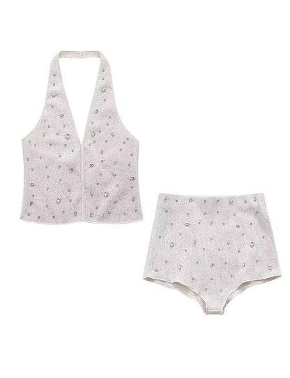 Sexy Rhinestone Halter Top Triangle Shorts Set