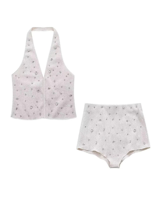 Sexy Rhinestone Halter Top Triangle Shorts Set