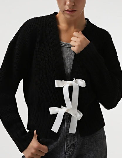 Bows String Tie V-Neck Knit Cardigan