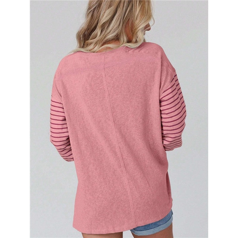 Round Neck Casual Striped Contrast Long-Sleeved T-Shirt